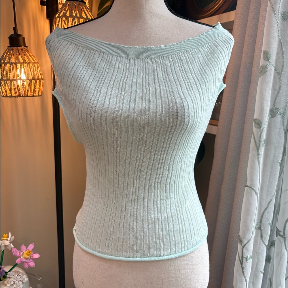 Ribbed Off-Shoulder Cap Sleeve Top - Mint - Picture 2 of 7